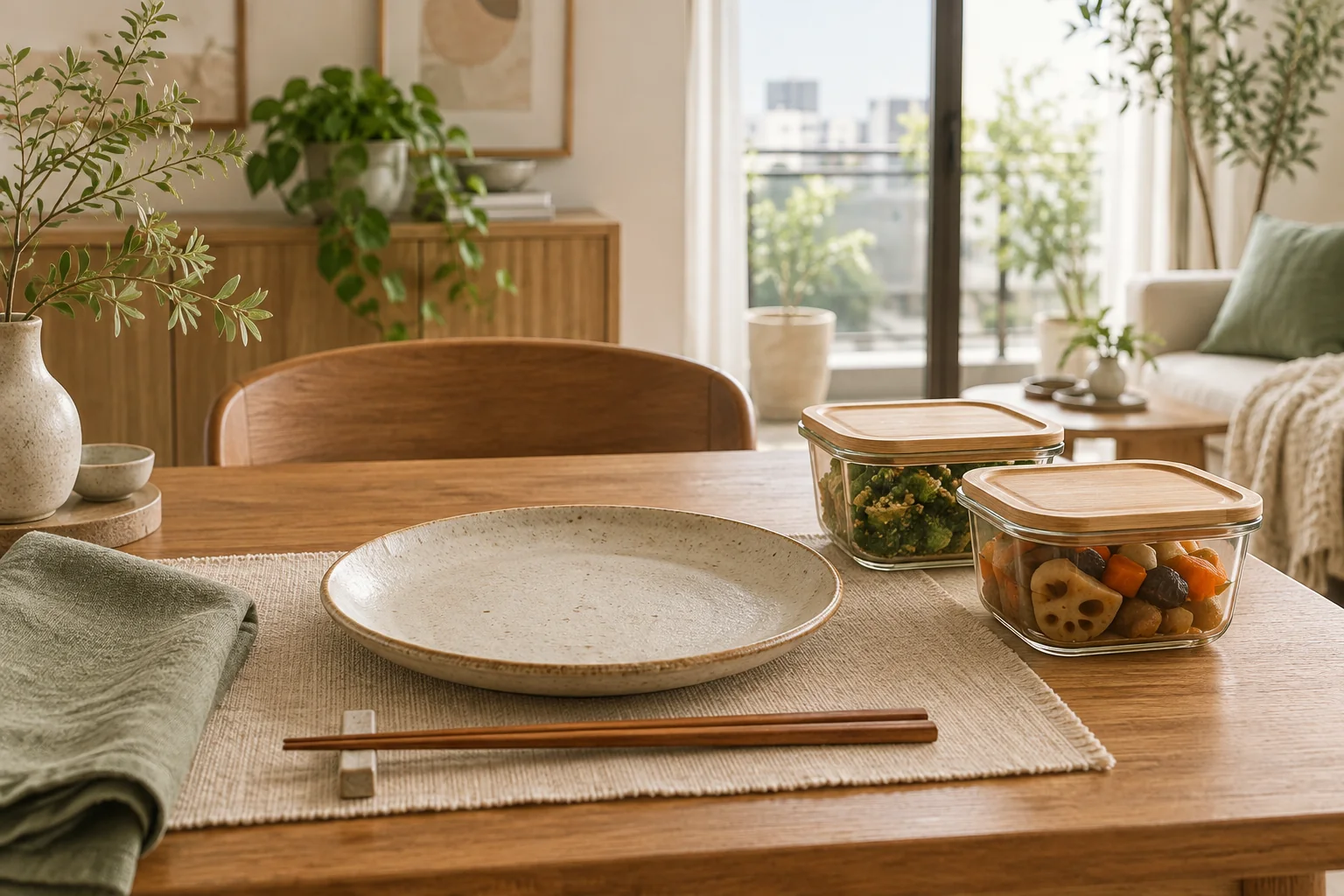 一人分の食卓と小さな保存容器