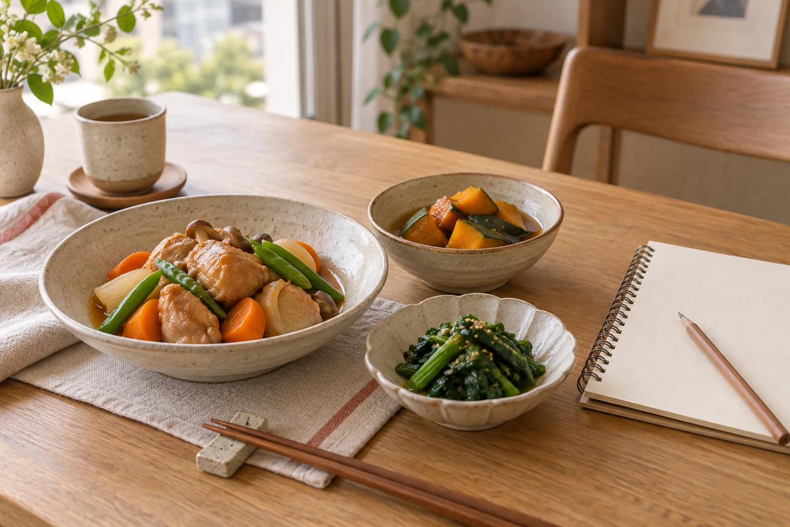 主菜と副菜を並べた食卓と献立を相談するためのノート