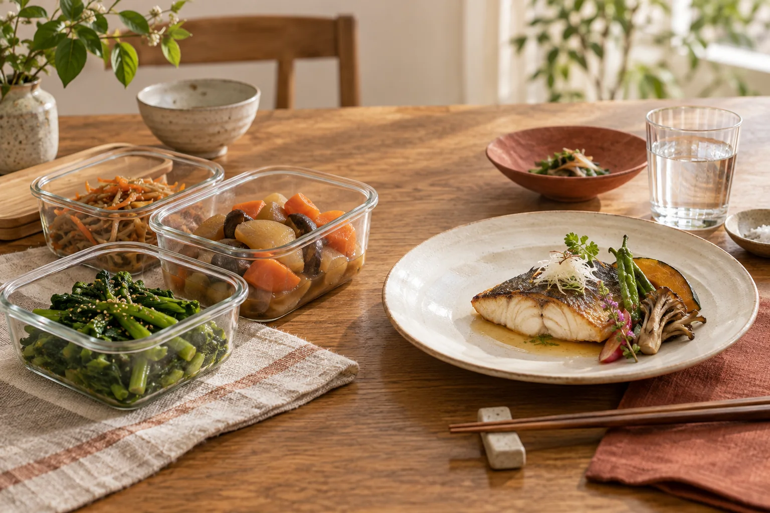 保存容器に入れた家庭料理と、皿に盛り付けた一皿を並べた食卓