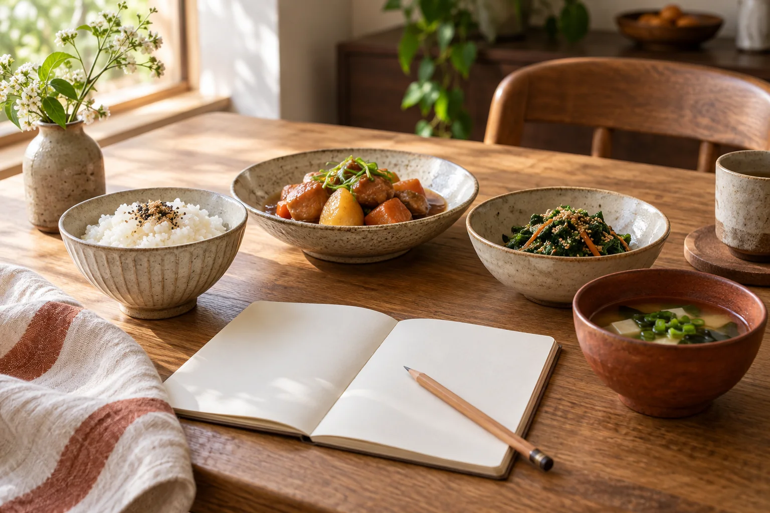 家庭料理を並べた食卓と利用後の振り返りを書くノート