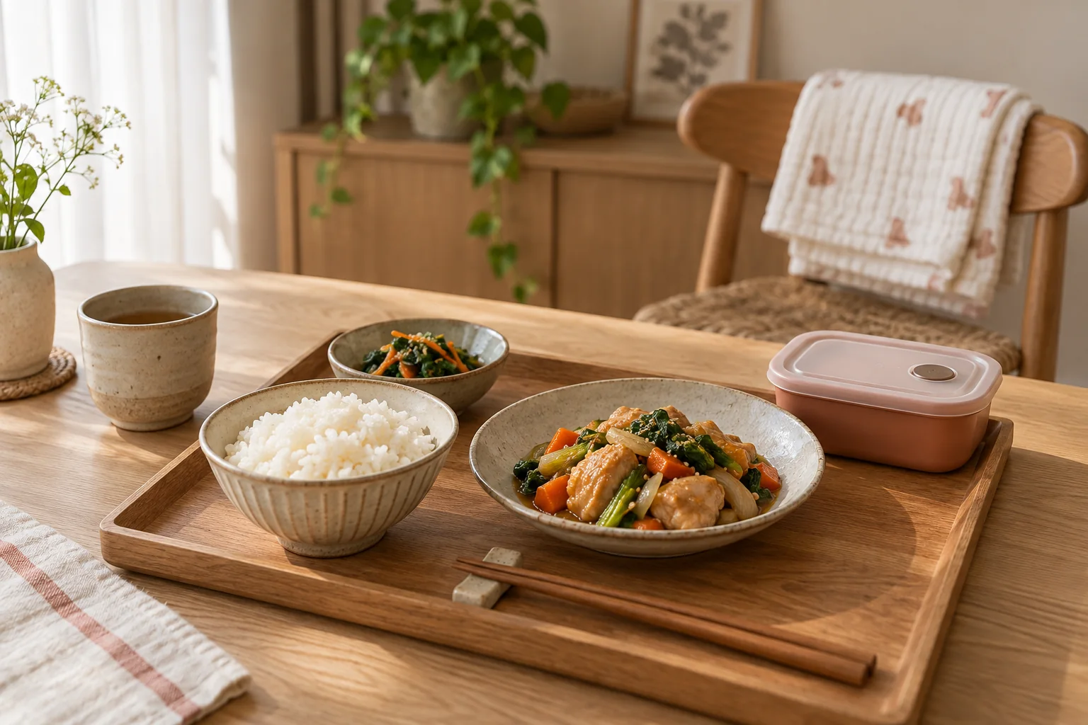 大人の食事を用意したトレーと育児用品がある静かな室内