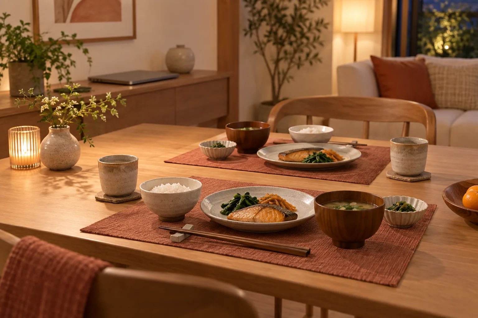 二人分の夕食を用意した落ち着いた食卓